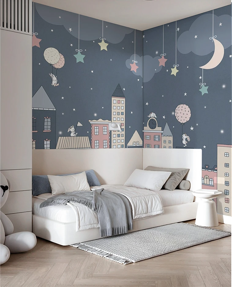 kids fun metropolitan night city mural wallpaper